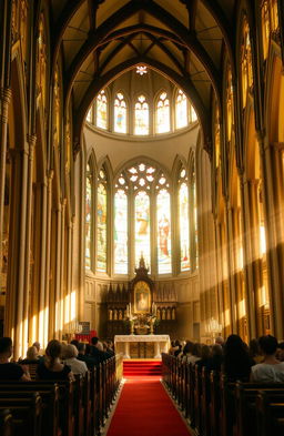 A beautiful and serene church interior, bathed in warm, golden light from stained glass windows