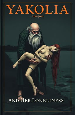 A book cover for 'Yakolia and Her Loneliness', featuring dark themes with an old man, characterized by a very long beard that reaches down to his toes