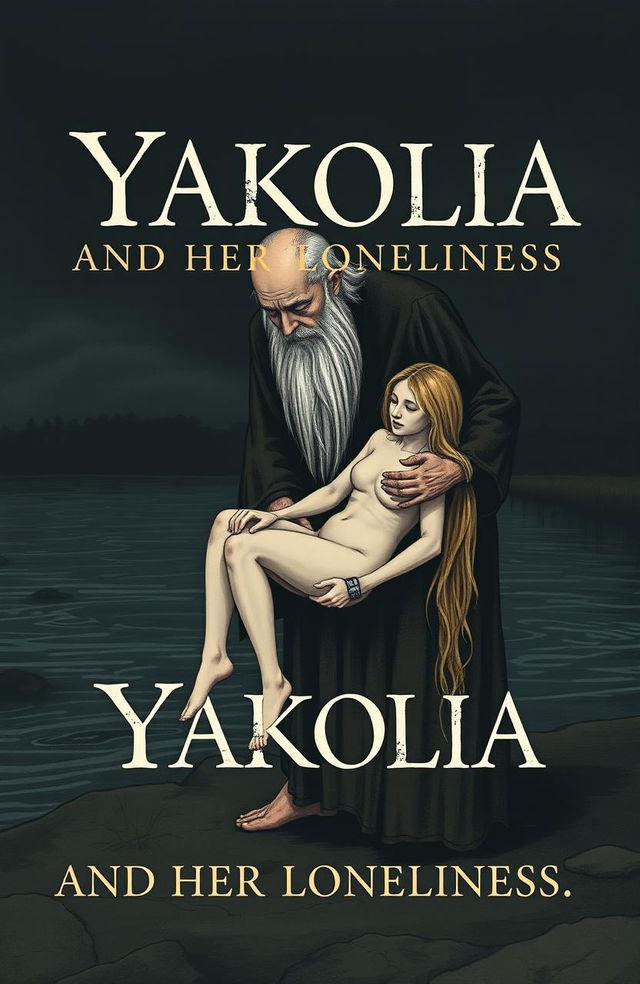 A book cover for 'Yakolia and Her Loneliness', featuring dark themes with an old man, characterized by a very long beard that reaches down to his toes