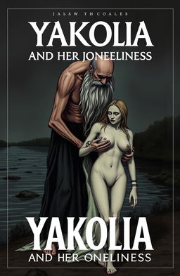 A book cover for 'Yakolia and Her Loneliness', featuring dark themes with an old man, characterized by a very long beard that reaches down to his toes