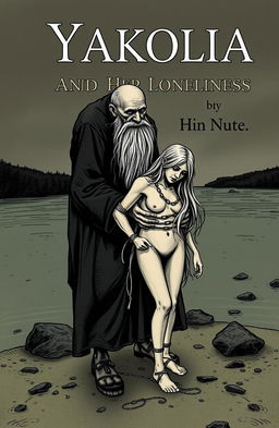 A book cover for 'Yakolia and Her Loneliness', featuring dark themes with an old man, characterized by a very long beard that reaches down to his toes