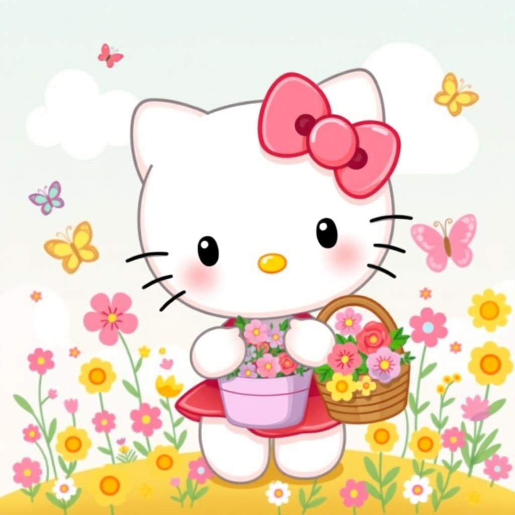 A cute and playful illustration of Hello Kitty, portrayed as a cheerful character with her signature pink bow and adorable facial features