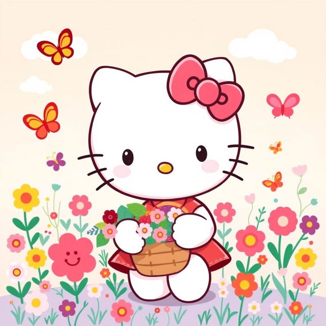 A cute and playful illustration of Hello Kitty, portrayed as a cheerful character with her signature pink bow and adorable facial features