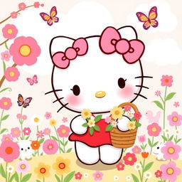 A cute and playful illustration of Hello Kitty, portrayed as a cheerful character with her signature pink bow and adorable facial features