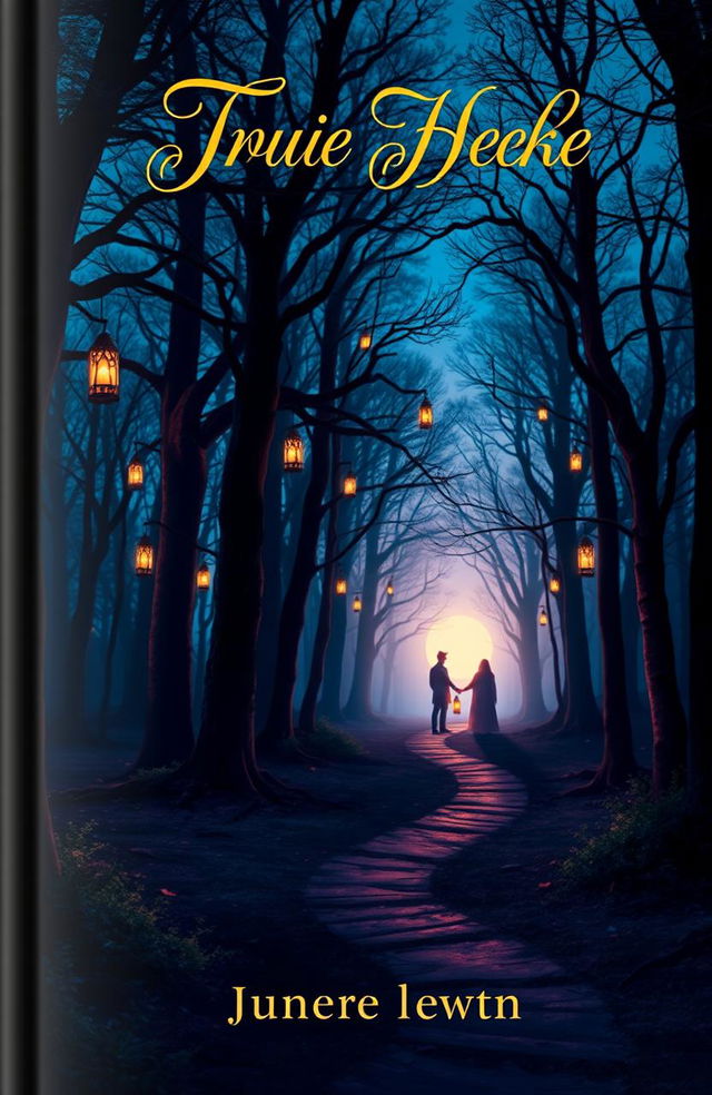 A captivating book cover design featuring a mystical forest at twilight, with towering trees and glowing lanterns hanging from branches