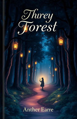 A captivating book cover design featuring a mystical forest at twilight, with towering trees and glowing lanterns hanging from branches