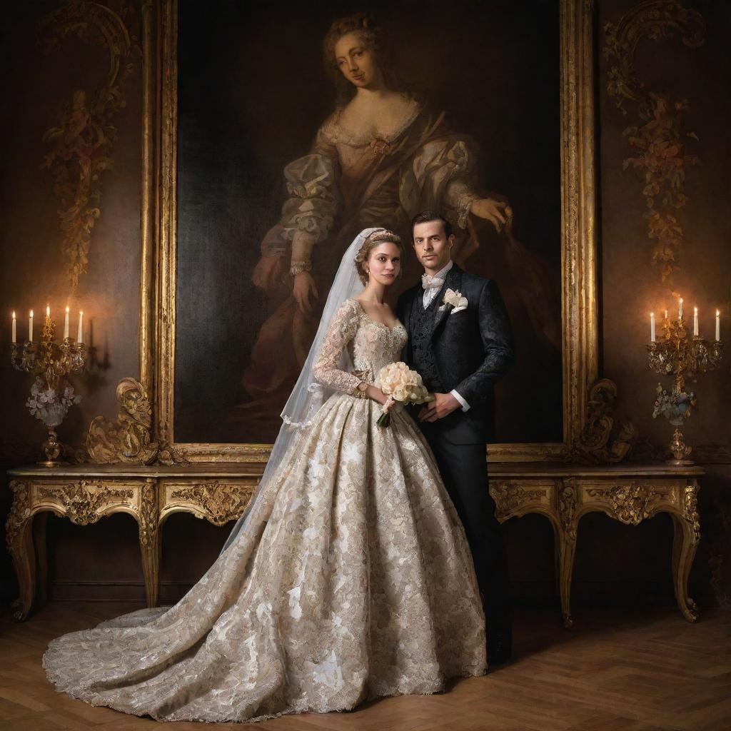 A newly wed couple posing in rich, opulent clothing, enveloped in the dramatic lighting and grandeur typical of a Baroque-style painting.