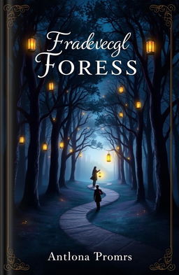 A captivating book cover design featuring a mystical forest at twilight, with towering trees and glowing lanterns hanging from branches