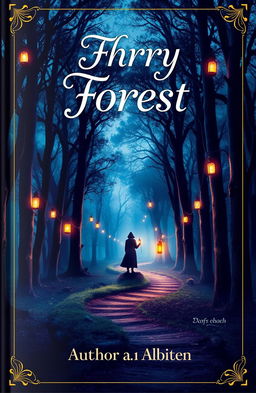A captivating book cover design featuring a mystical forest at twilight, with towering trees and glowing lanterns hanging from branches