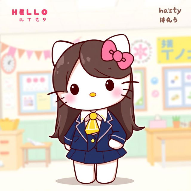 A charming illustration of Hello Kitty dressed in a school uniform, featuring a dark blue blazer and skirt, a white shirt, and a mini tie with yellow stripes