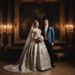 A newly wed couple posing in rich, opulent clothing, enveloped in the dramatic lighting and grandeur typical of a Baroque-style painting.