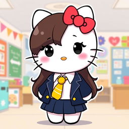A charming illustration of Hello Kitty dressed in a school uniform, featuring a dark blue blazer and skirt, a white shirt, and a mini tie with yellow stripes