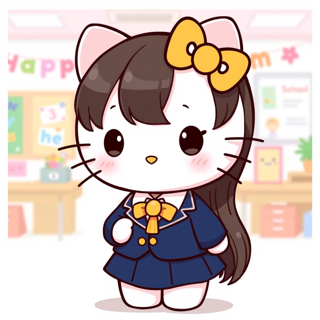 A charming illustration of Hello Kitty dressed in a school uniform, featuring a dark blue blazer and skirt, a white shirt, and a mini tie with yellow stripes