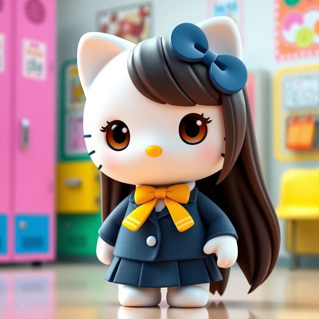 A 3D rendition of Hello Kitty in a school uniform, featuring a dark blue blazer and skirt, a white shirt, and a mini tie adorned with yellow stripes