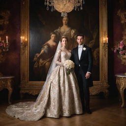 A newly wed couple posing in rich, opulent clothing, enveloped in the dramatic lighting and grandeur typical of a Baroque-style painting.