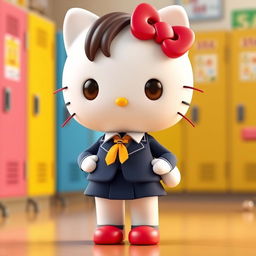 A 3D rendition of Hello Kitty in a school uniform, featuring a dark blue blazer and skirt, a white shirt, and a mini tie adorned with yellow stripes