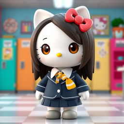 A 3D rendition of Hello Kitty in a school uniform, featuring a dark blue blazer and skirt, a white shirt, and a mini tie adorned with yellow stripes