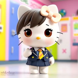 A 3D rendition of Hello Kitty in a school uniform, featuring a dark blue blazer and skirt, a white shirt, and a mini tie adorned with yellow stripes