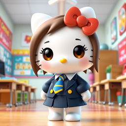 A delightful 3D illustration of Hello Kitty in a school uniform, featuring a dark blue blazer and skirt, a crisp white shirt, and a blue tie adorned with yellow stripes