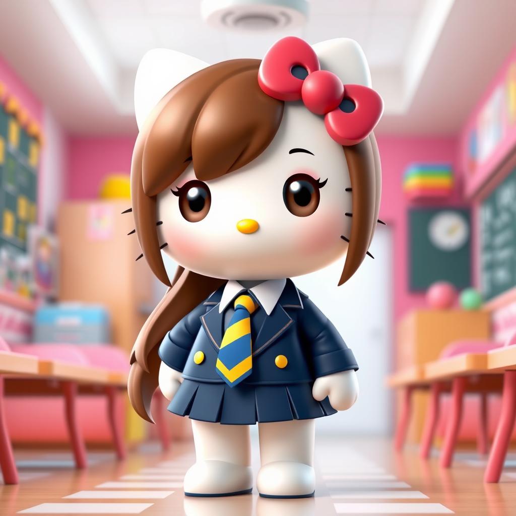 A delightful 3D illustration of Hello Kitty in a school uniform, featuring a dark blue blazer and skirt, a crisp white shirt, and a blue tie adorned with yellow stripes