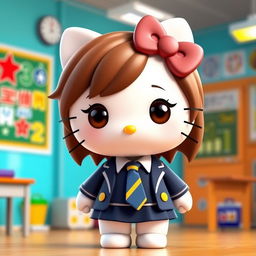 A delightful 3D illustration of Hello Kitty in a school uniform, featuring a dark blue blazer and skirt, a crisp white shirt, and a blue tie adorned with yellow stripes