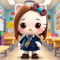 A delightful 3D illustration of Hello Kitty in a school uniform, featuring a dark blue blazer and skirt, a crisp white shirt, and a blue tie adorned with yellow stripes