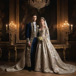 A newly wed couple posing in rich, opulent clothing, enveloped in the dramatic lighting and grandeur typical of a Baroque-style painting.