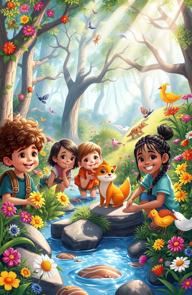 An enchanting scene depicting children on an adventurous journey in a vibrant, magical forest filled with colorful flowers, whimsical animals, and sparkling streams