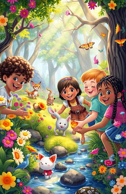 An enchanting scene depicting children on an adventurous journey in a vibrant, magical forest filled with colorful flowers, whimsical animals, and sparkling streams