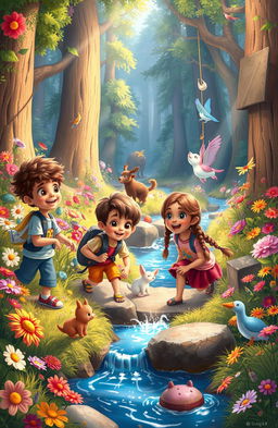 An enchanting scene depicting children on an adventurous journey in a vibrant, magical forest filled with colorful flowers, whimsical animals, and sparkling streams