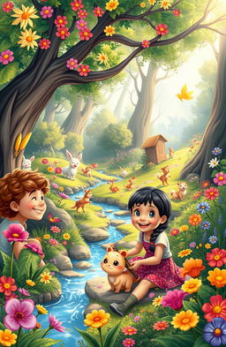 An enchanting scene depicting children on an adventurous journey in a vibrant, magical forest filled with colorful flowers, whimsical animals, and sparkling streams