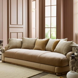 A luxurious and comfortable sofa in a living room setting, characterized by plush cushions and an inviting atmosphere.