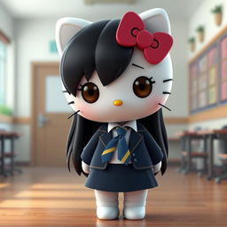 A 3D illustration of Hello Kitty in a school uniform, featuring a dark blue blazer and skirt, a white shirt, and a blue tie with yellow stripes
