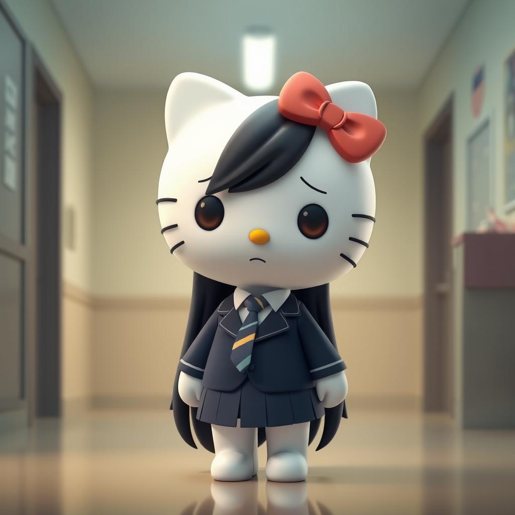 A 3D illustration of Hello Kitty in a school uniform, featuring a dark blue blazer and skirt, a white shirt, and a blue tie with yellow stripes