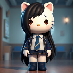 A 3D illustration of Hello Kitty in a school uniform, featuring a dark blue blazer and skirt, a white shirt, and a blue tie with yellow stripes
