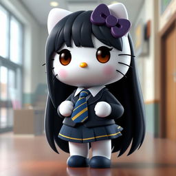 A 3D illustration of Hello Kitty in a school uniform, featuring a dark blue blazer and skirt, a white shirt, and a blue tie with yellow stripes