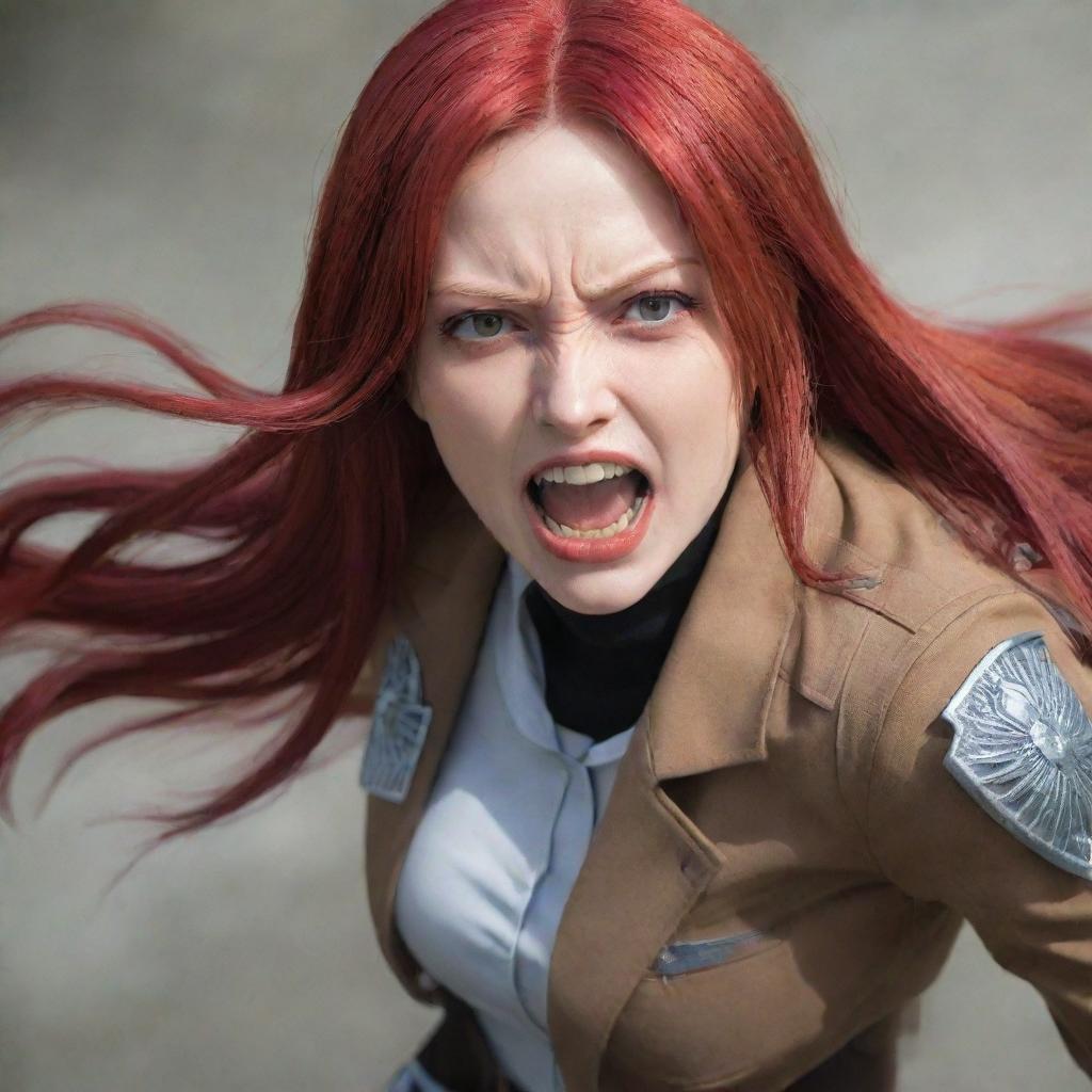 A captivating image of a short, near middle-aged lady with vampire-like pale skin, and long, vibrant red hair, outfitted in an Attack on Titan uniform, radiating an unwavering, audacious spirit.