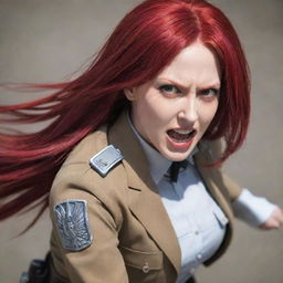 A captivating image of a short, near middle-aged lady with vampire-like pale skin, and long, vibrant red hair, outfitted in an Attack on Titan uniform, radiating an unwavering, audacious spirit.