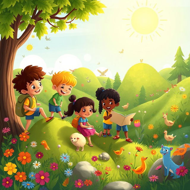 A vibrant and imaginative scene depicting a group of diverse children engaging in a fun outdoor adventure, exploring a lush green forest filled with colorful flowers and playful animals