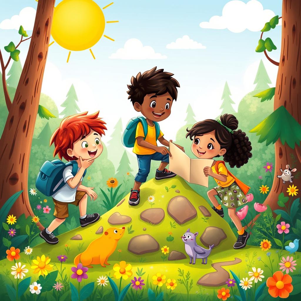 A vibrant and imaginative scene depicting a group of diverse children engaging in a fun outdoor adventure, exploring a lush green forest filled with colorful flowers and playful animals