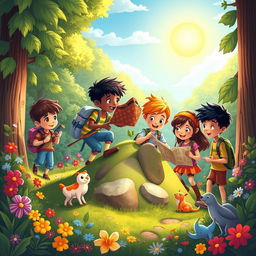 A vibrant and imaginative scene depicting a group of diverse children engaging in a fun outdoor adventure, exploring a lush green forest filled with colorful flowers and playful animals