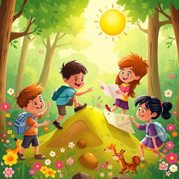A vibrant and imaginative scene depicting a group of diverse children engaging in a fun outdoor adventure, exploring a lush green forest filled with colorful flowers and playful animals