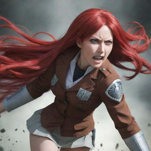 A captivating image of a short, near middle-aged lady with vampire-like pale skin, and long, vibrant red hair, outfitted in an Attack on Titan uniform, radiating an unwavering, audacious spirit.