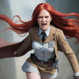 A captivating image of a short, near middle-aged lady with vampire-like pale skin, and long, vibrant red hair, outfitted in an Attack on Titan uniform, radiating an unwavering, audacious spirit.