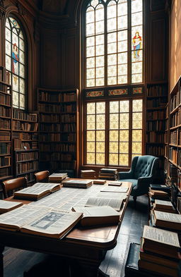 A serene library filled with ancient books and scrolls on philosophy, with a large, ornate wooden table in the center covered in philosophical texts and notes