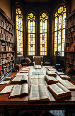 A serene library filled with ancient books and scrolls on philosophy, with a large, ornate wooden table in the center covered in philosophical texts and notes
