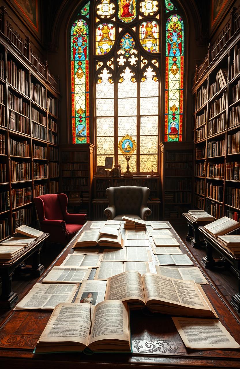 A serene library filled with ancient books and scrolls on philosophy, with a large, ornate wooden table in the center covered in philosophical texts and notes