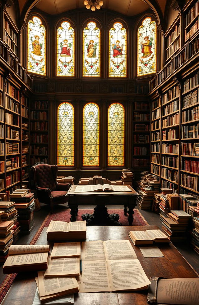 A serene library filled with ancient books and scrolls on philosophy, with a large, ornate wooden table in the center covered in philosophical texts and notes