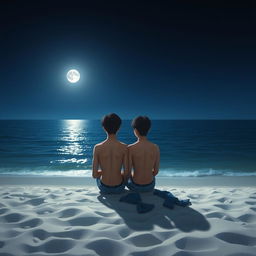 A serene nighttime beach scene featuring two Asian boys sitting on the sand facing the vast and infinite sea