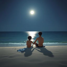 A serene nighttime beach scene featuring two Asian boys sitting on the sand facing the vast and infinite sea